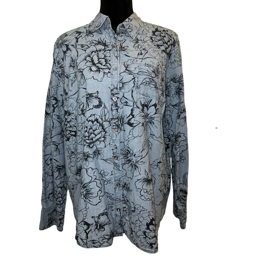 Kim Rogers Blue Chambray with Black Floral Button Front Long Sleeve Top XL